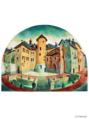 Jacques Lovie Square - Chambery. Vesselin Vassilev. Gouache painting.